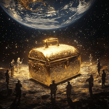 golden chest now on earth shimmering, circle of people around it facing backwards to the camera leaning forward as of trying to open the chest