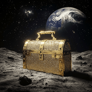 a lockend and closed golden chest shimmering stardust and glimmer on the surface of the moon