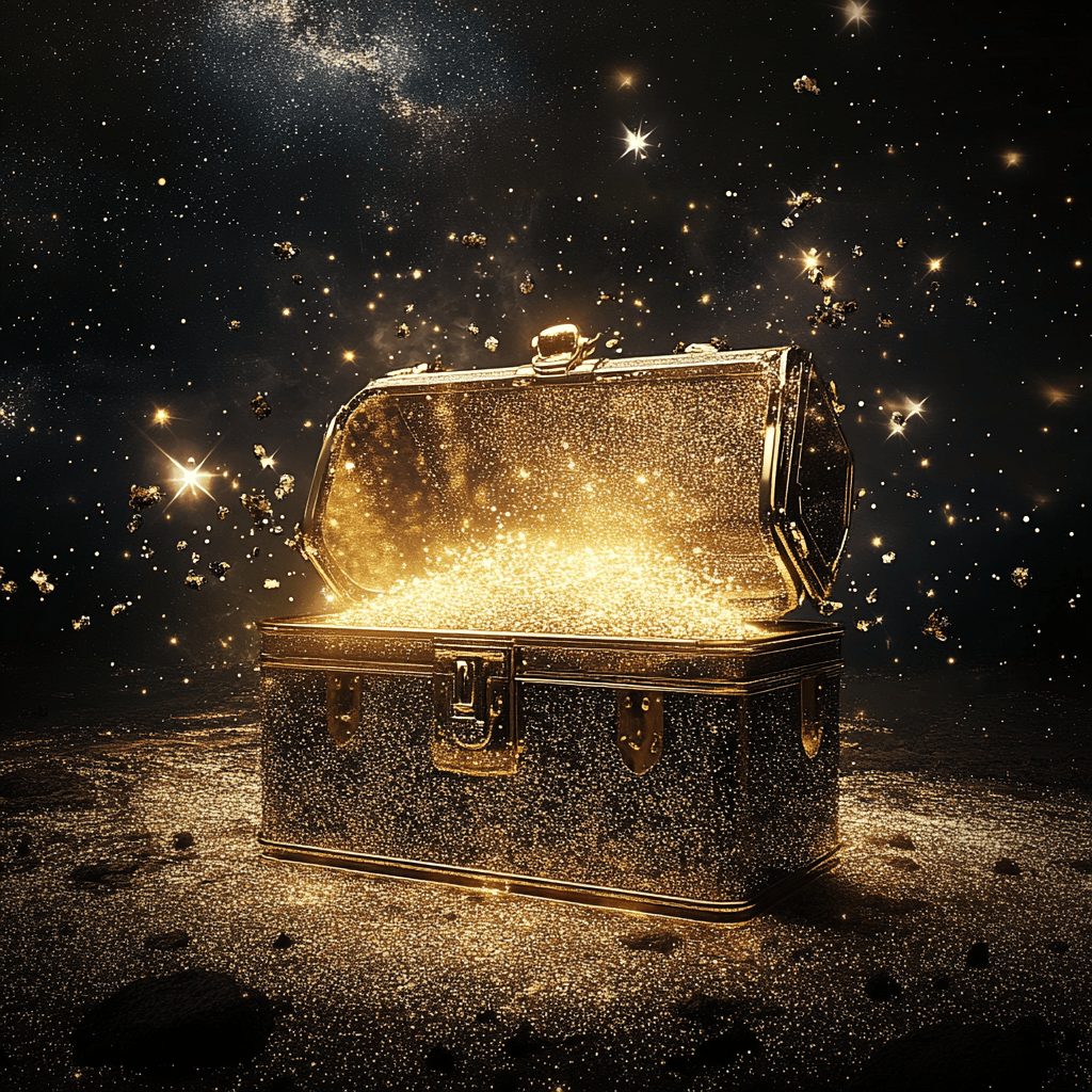  open golden chest exploding with shimmer and glitter stardust floating in space