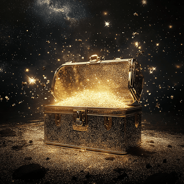  open golden chest exploding with shimmer and glitter stardust floating in space